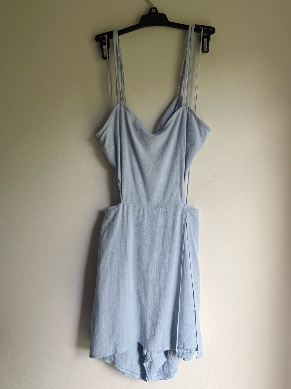 Wedding guest Light Blue linen style romper/dress - adj. straps- size small